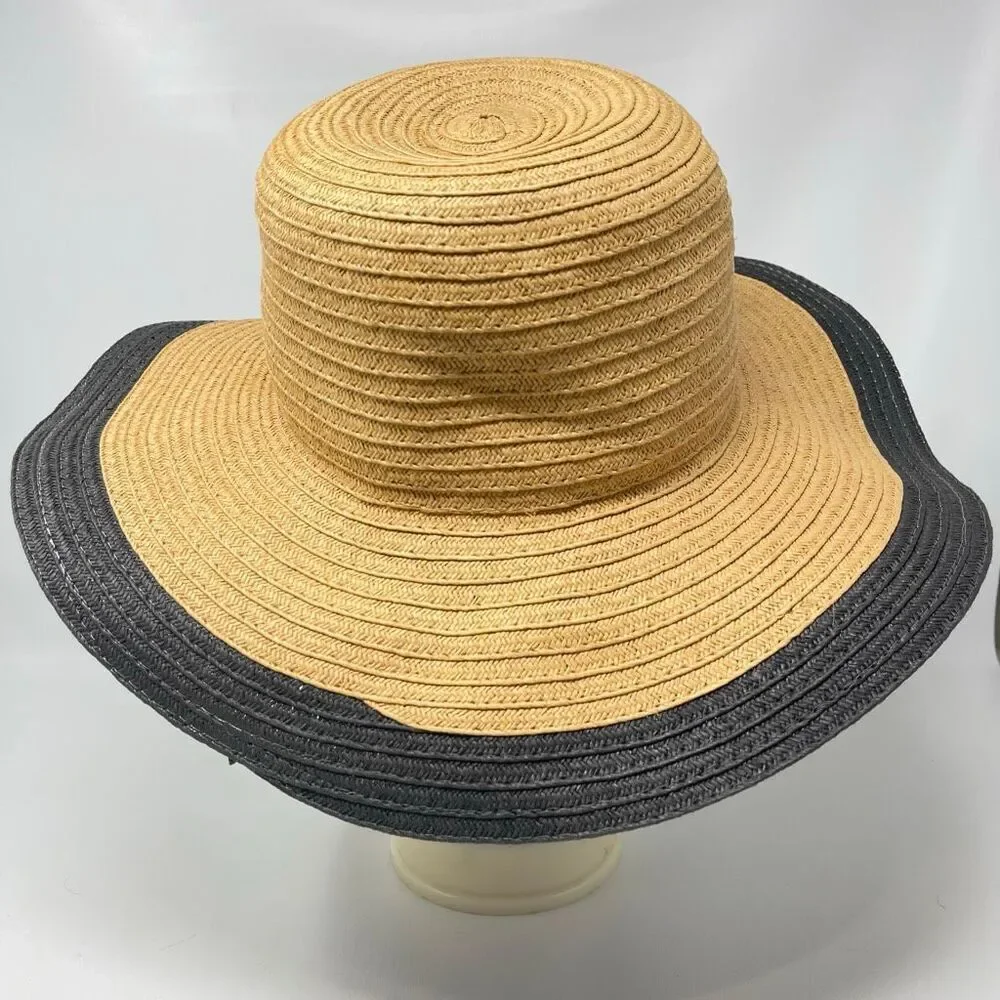 Forever 21 Beige Black Soot Floppy Wide Brim Woven Paper Sun Hat One Size OSFM